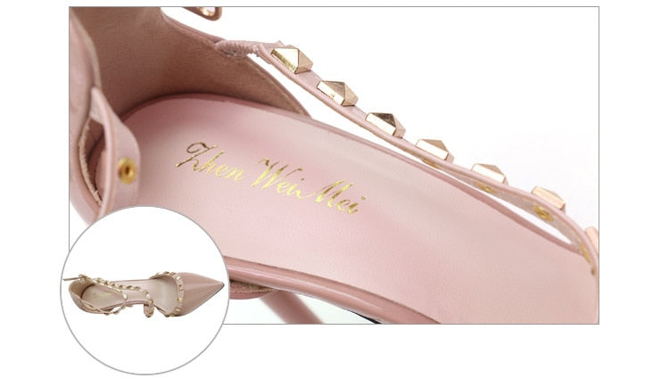 Rivet Ankle Strap Pointed-Toe Pumps | Studded Stiletto Heels