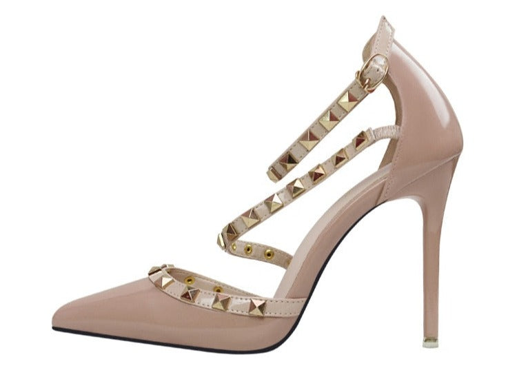 Rivet Ankle Strap Pointed-Toe Pumps | Studded Stiletto Heels