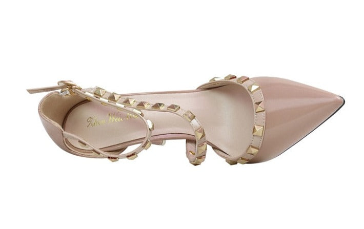 Rivet Ankle Strap Pointed-Toe Pumps | Studded Stiletto Heels