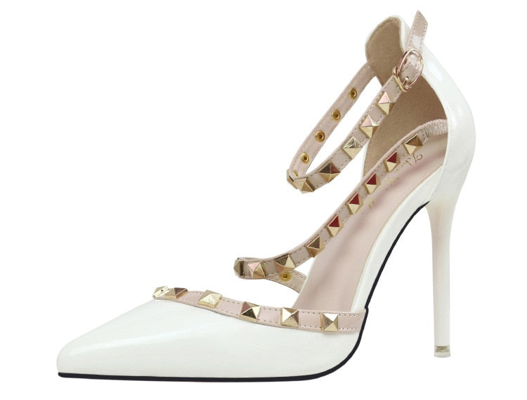 Rivet Ankle Strap Pointed-Toe Pumps | Studded Stiletto Heels