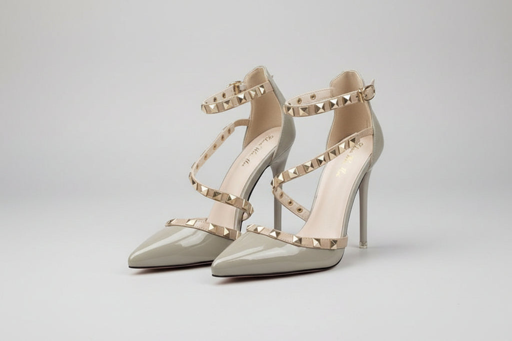 Rivet Ankle Strap Pointed-Toe Pumps | Studded Stiletto Heels