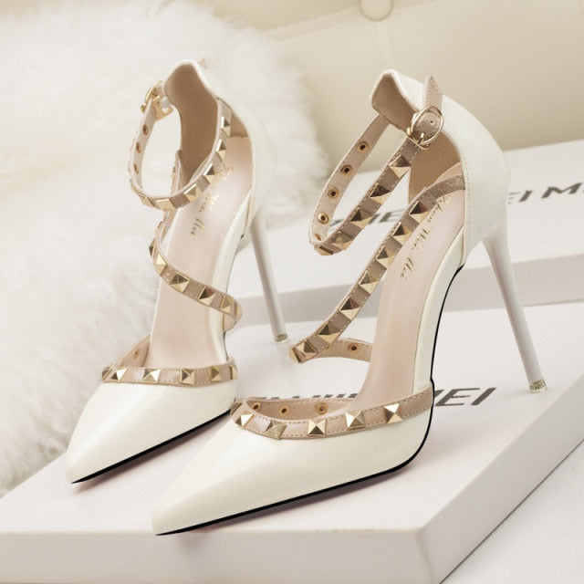 Rivet Ankle Strap Pointed-Toe Pumps | Studded Stiletto Heels