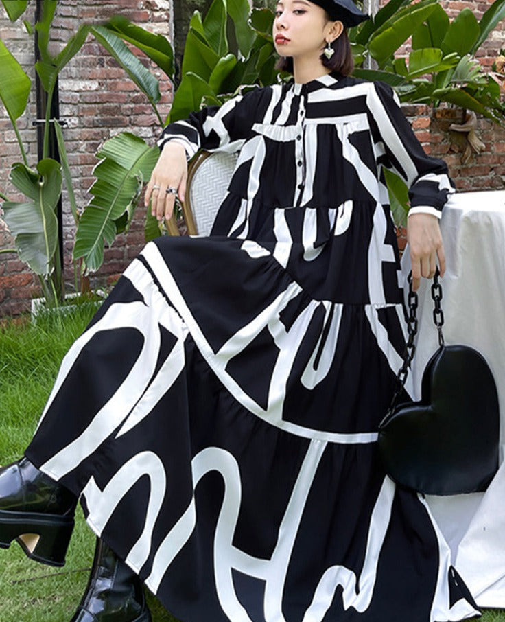 Printed Oversized Midi Dress — Stand Neck Long Sleeve