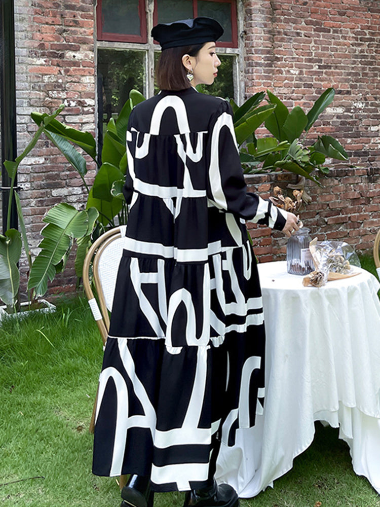 Printed Oversized Midi Dress — Stand Neck Long Sleeve