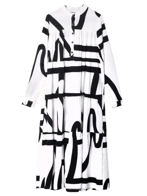 Printed Oversized Midi Dress — Stand Neck Long Sleeve