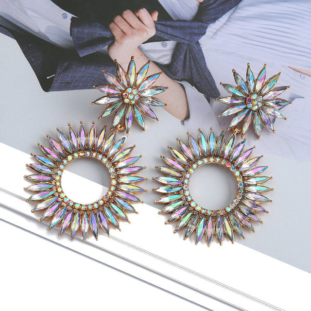 Round Boho Flower Crystal Earrings — Colorful Statement