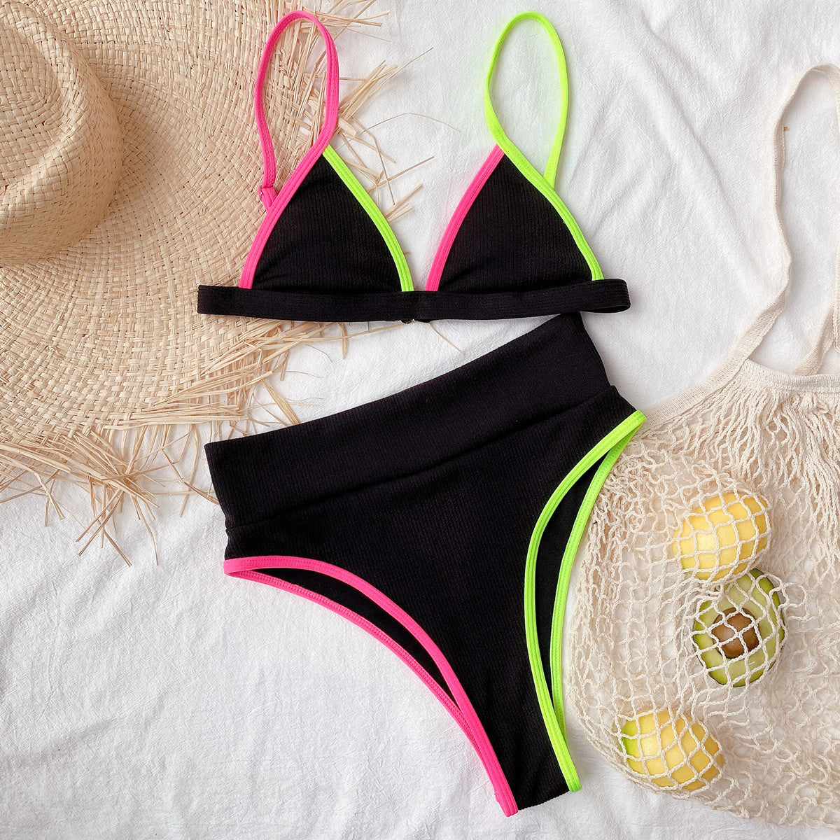 Ribbed High Waist Bikini Set | Neon Contrast Trim Triangle Top