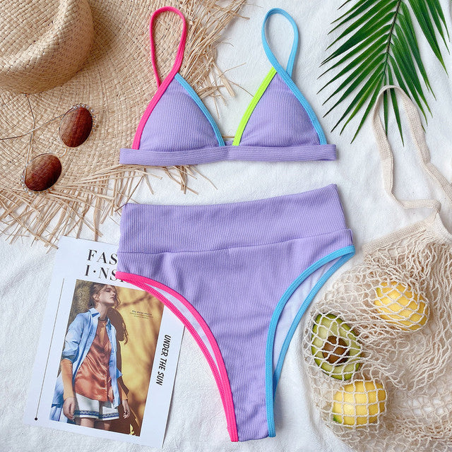 Ribbed High Waist Bikini Set | Neon Contrast Trim Triangle Top