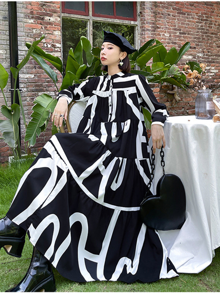 Printed Oversized Midi Dress — Stand Neck Long Sleeve