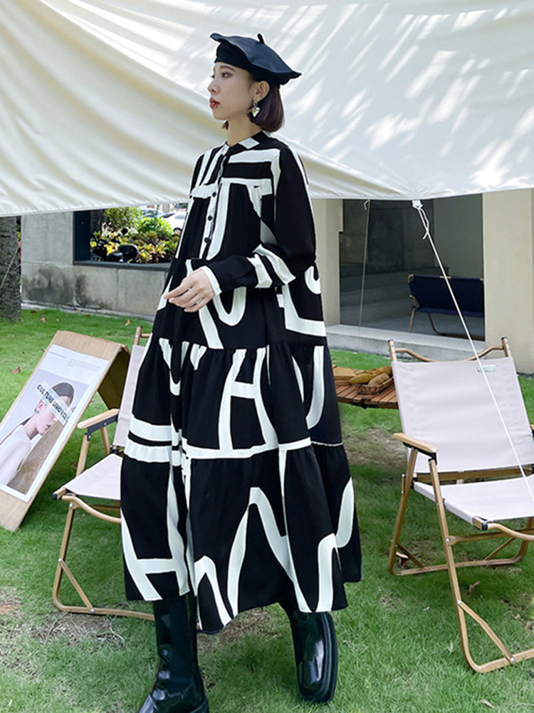 Printed Oversized Midi Dress — Stand Neck Long Sleeve