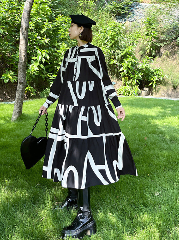 Printed Oversized Midi Dress — Stand Neck Long Sleeve