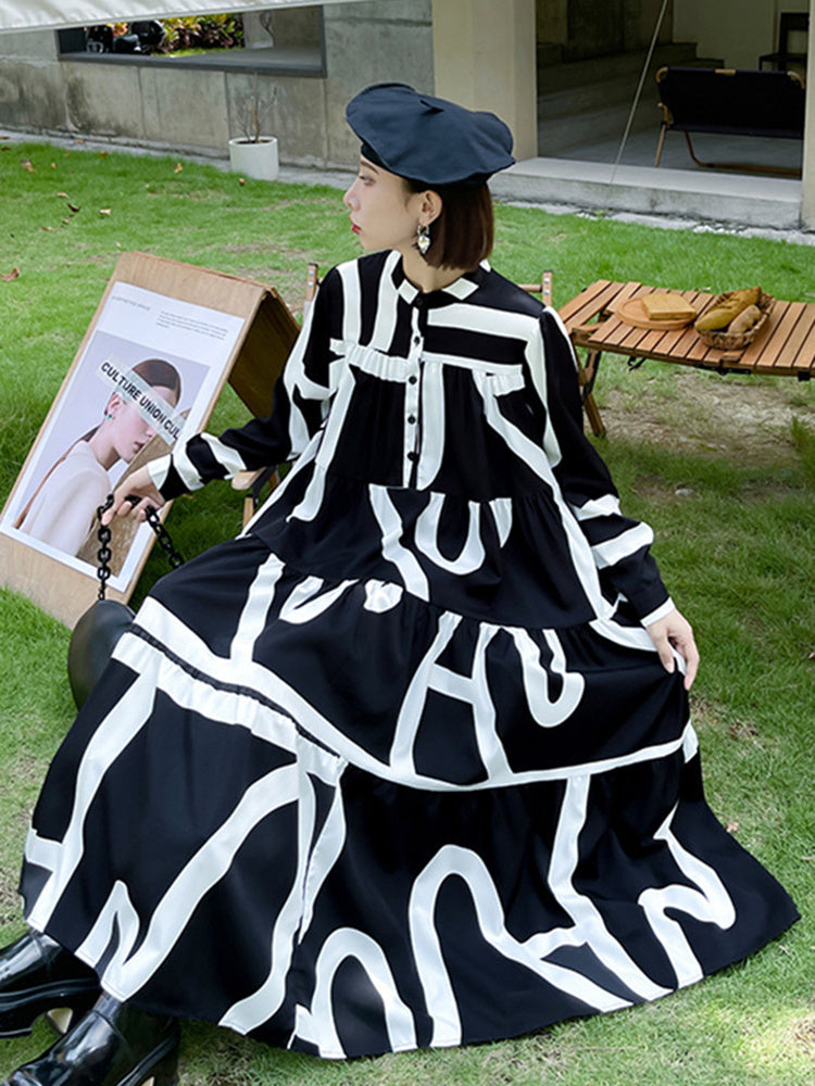 Printed Oversized Midi Dress — Stand Neck Long Sleeve