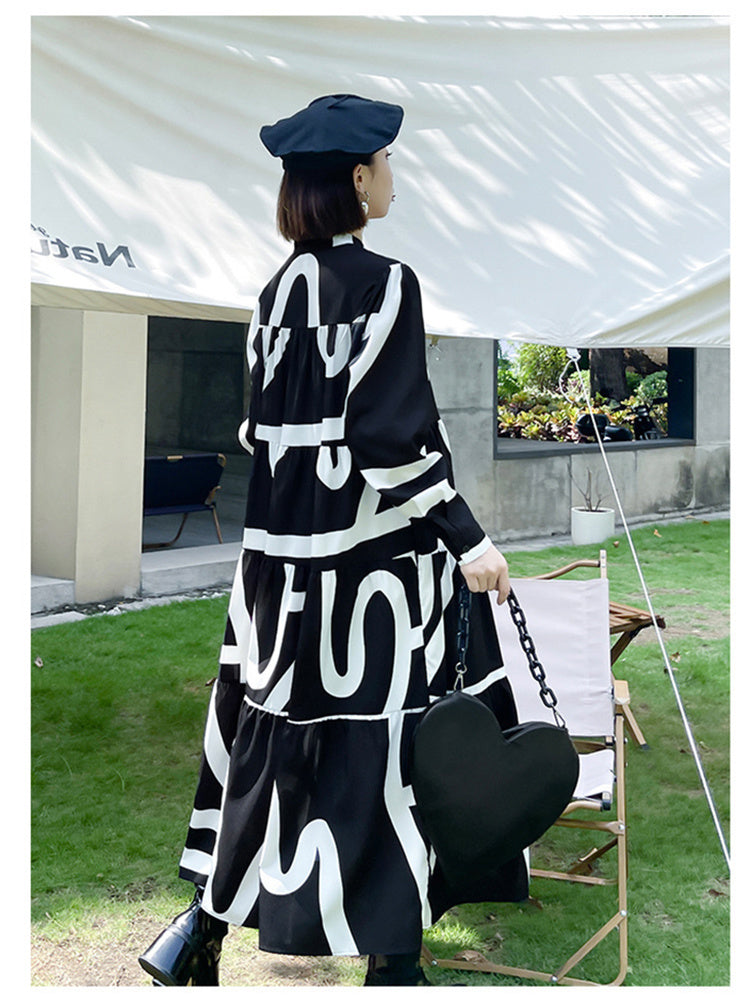 Printed Oversized Midi Dress — Stand Neck Long Sleeve
