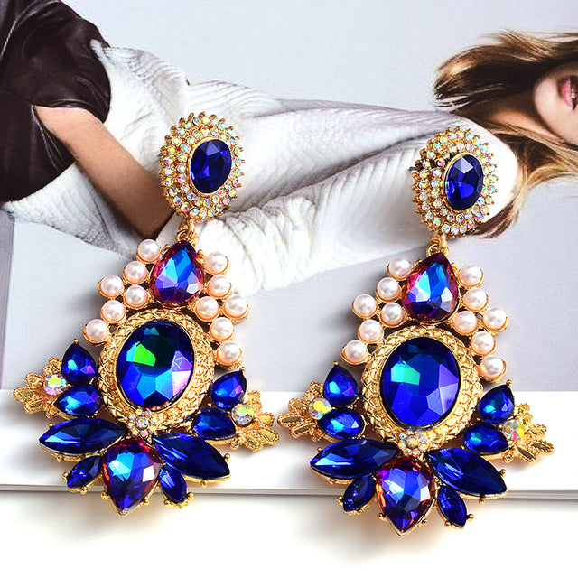 Geometric Glass Crystal Statement Earrings — Colorful Drop