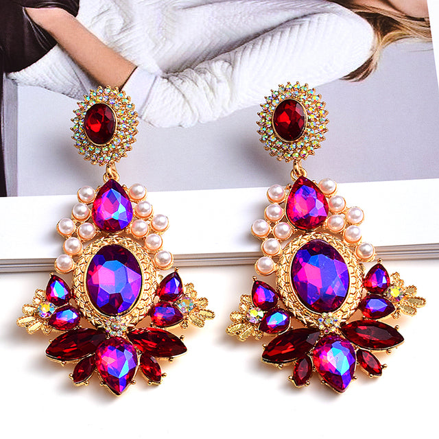 Geometric Glass Crystal Statement Earrings — Colorful Drop