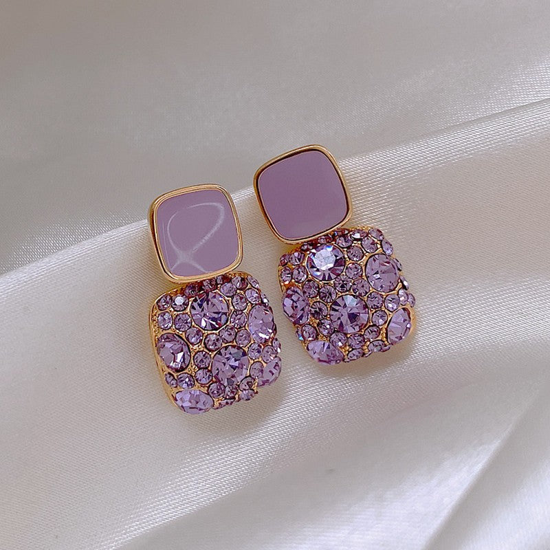 Lavender Square Pavé Crystal Drop Earrings | Purple Rhinestone Statement Earrings